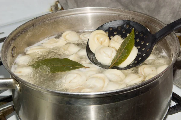 餃子のスパイスと月桂樹の葉を鍋でシチューします。. — ストック写真