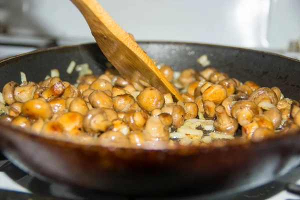 Невеликі гриби смажать на сковороді в цілому. Смажені гриби з цибулею . — стокове фото