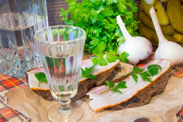 Aperitivo tradicional ucraniano e russo ao jantar. Comida ao beber álcool. Vodka e sanduíches com bacon, alho e picles . — Fotografia de Stock