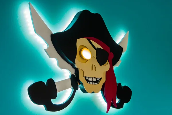 Electronic piracy. The theft of intellectual property. Jolly Roger in a modern style.