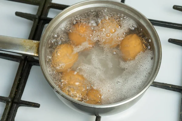Chicken Eggs Boil Water Pan Product Gas Stove — Stock Photo, Image
