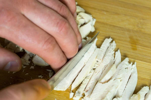 Slicing Boiled Chicken Prepare Variety Dishes — Stock Photo, Image