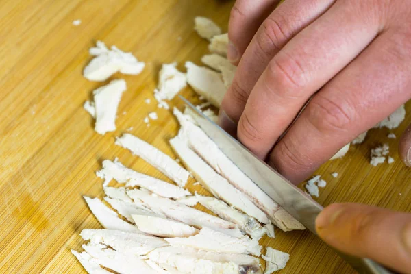 Slicing Boiled Chicken Prepare Variety Dishes — Stock Photo, Image