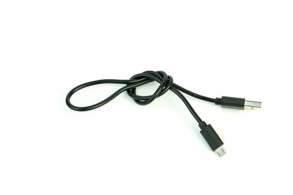 Der USB-Draht ist schwarz. Foto auf weißem Hintergrund. — Stockfoto