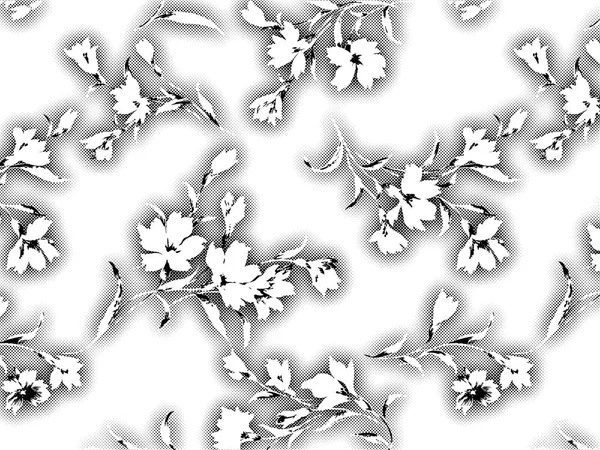 Sfondo floreale modello senza cuciture. Ornamento con foglie stilizzate e texture floreale. Bianco e nero monocromatico — Foto Stock