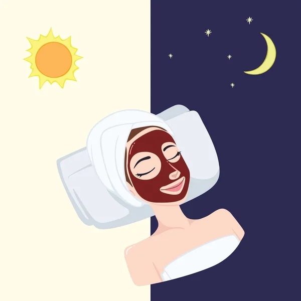 Gece gündüz güzel kadının yüzünde, illüstrasyon vektör tasarımı kırmızı nar, çilek doğal maske — Stok Vektör
