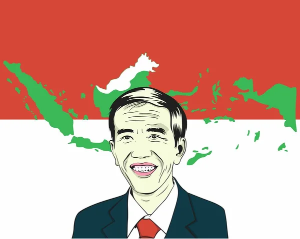 Joko Widodo, Jokowi. Presidente dell'Indonesia con bandiera e mappa indonesiana. Illustrazione del disegno vettoriale — Foto Stock