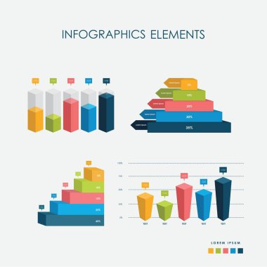 Çubuk Grafik 3d Infographics Elements Vektör Seti, Düz Tasarım, Tam Renk, Şablon