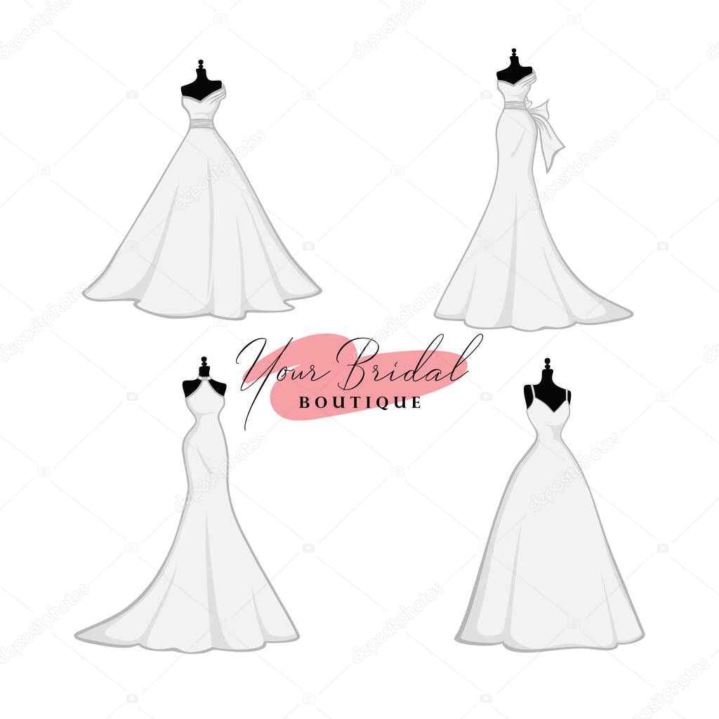 Monochrome Bridal Gowns Boutique Logo Ideas Set, Mannequin, Fashion, Beautiful Bride, Vector Design Template