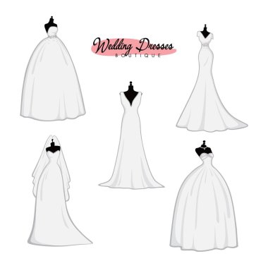 Tek Renkli Gelinlik Butik Fikir Seti, Moda, Güzel Gelin, Vektör Tasarım Şablonu