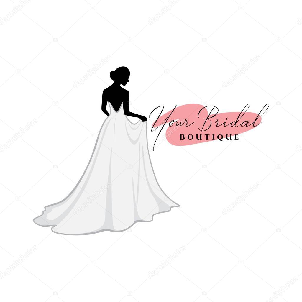 Monochrome Bridal Dress Boutique Logo Ideas, Fashion, Beautiful Bride, Vector Design Template