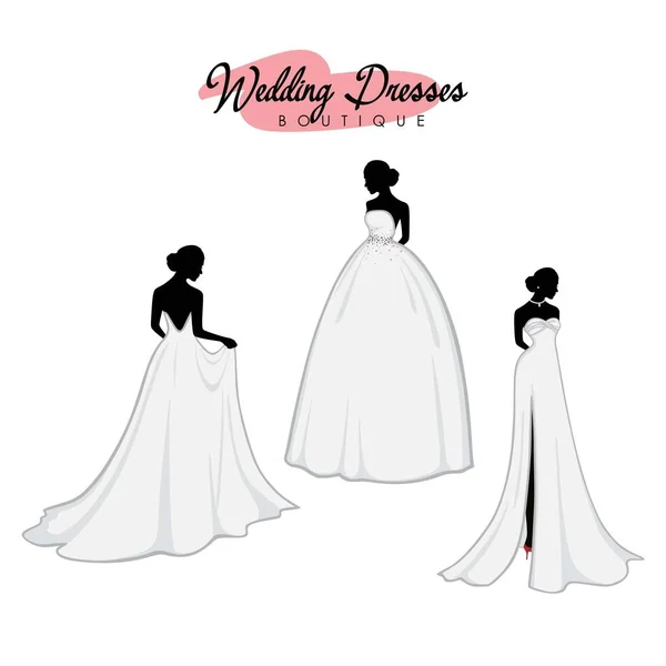 Monochrome Bridal Dress Boutique Logo Ideas Set Fashion Beautiful Bride — Stock Vector