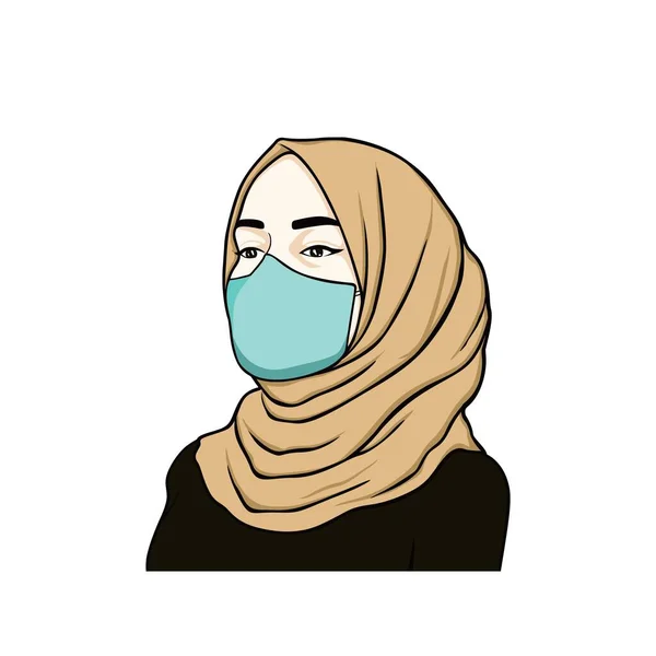 Schöne Hijab Frau Trägt Gesundheitsmaske Vektor Design Vorlage — Stockvektor