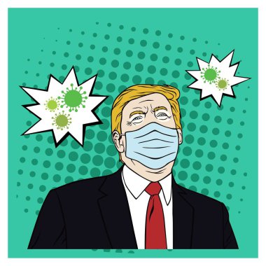 Donald Trump Maskeli Corona Virüsü, Covid-19, Düz Tasarım Pop Sanat Vektörü Tasarımı.