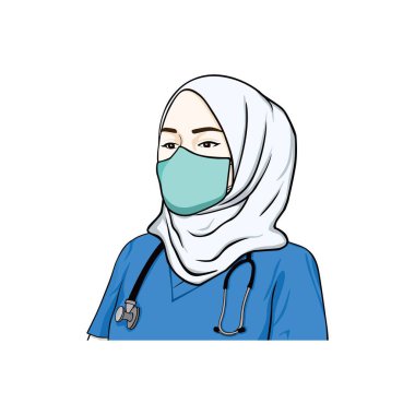 Sağlık Maskesi İllüstrasyonu, Vektör Tasarım Şablonu Giyen Güzel Başörtüsü Hemşiresi