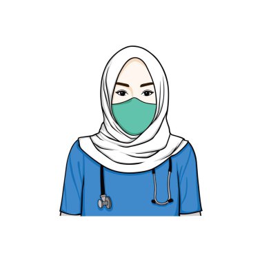 Sağlık Maskesi İllüstrasyonu, Vektör Tasarım Şablonu Giyen Güzel Başörtüsü Hemşiresi