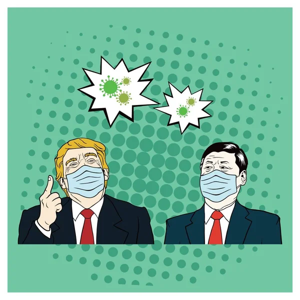 Donald Trump, Sağlıklı Maske Giyen Xi Jinping ile tanışın, Corona Virüsü, Covid-19, Düz Vektör Tasarım Şablonu