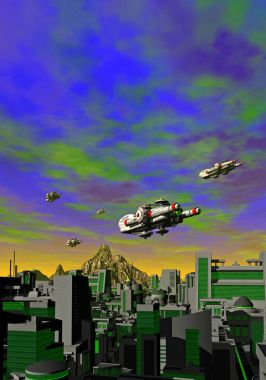 spaceships flying over the city clipart