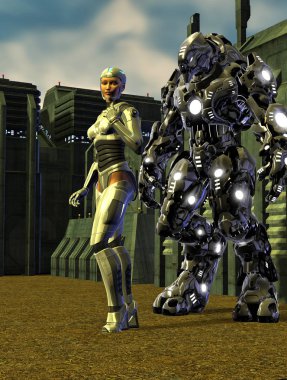Bir uzay üssünde robot savaşçısı olan sayborg kadın zırhlı fütürist askerler, 3D çizimler.