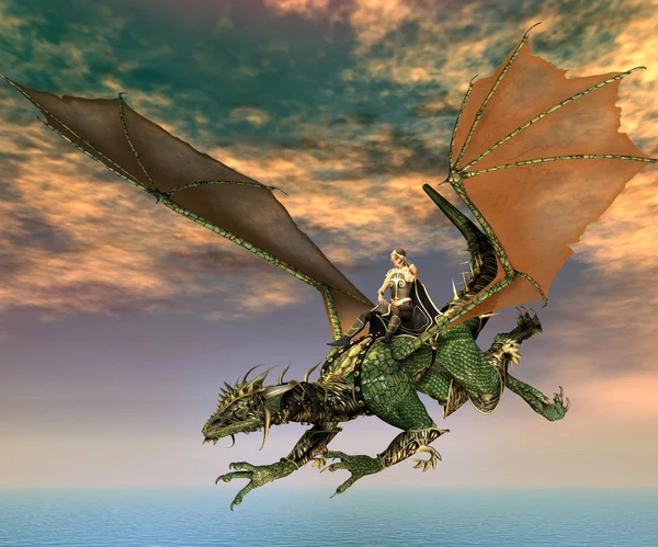 fantasy warrior flying in the sky with a dragon, 3d illustration