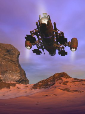 Uzay gemisi yabancı bir gezegene iniyor, 3D çizim