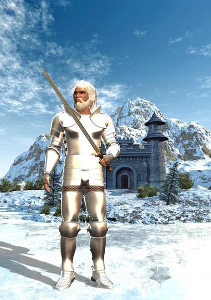 幻想战士靠近城堡 在雪山的背景下 3D插图 — 图库照片