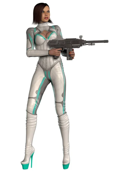 Fantasy Warrior Girl White Dress Armed Futuristic Rifle Brown Hairs — 스톡 사진