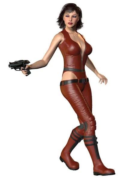 Fantasy Warrior Dívka Červených Šatech Vyzbrojená Futuristickou Pistolí Hnědé Vlasy — Stock fotografie