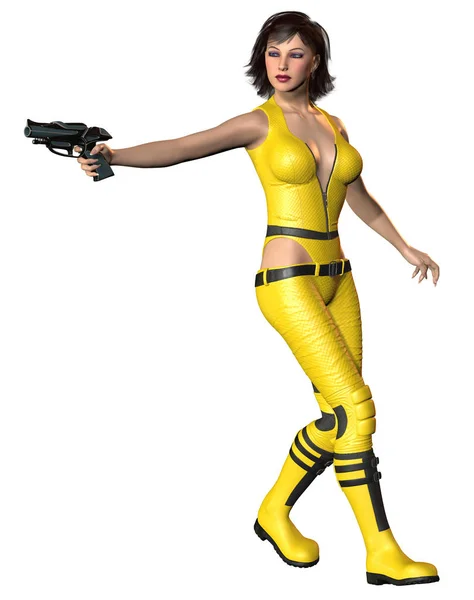 Fantasy Warrior Girl Yellow Dress Armed Futuristic Gun Brown Hairs — 스톡 사진