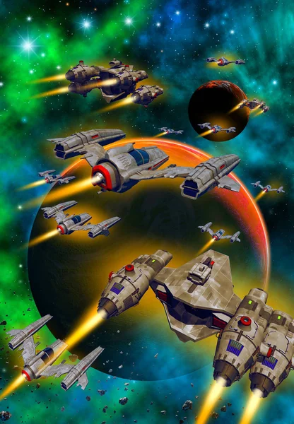 Invasion Från Rymden Rymdskepp Attack Främmande Planet Illustration — Stockfoto