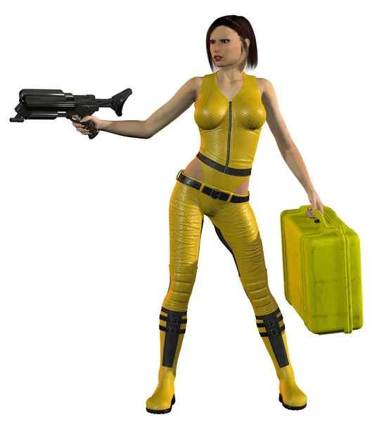 Futuristica Guerriera Donna Con Una Pistola Abito Giallo Illustrazione — Foto Stock