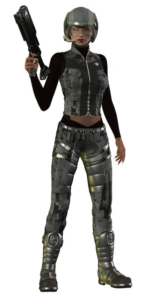 带着枪的未来派战士女人 3D插图 — 图库照片