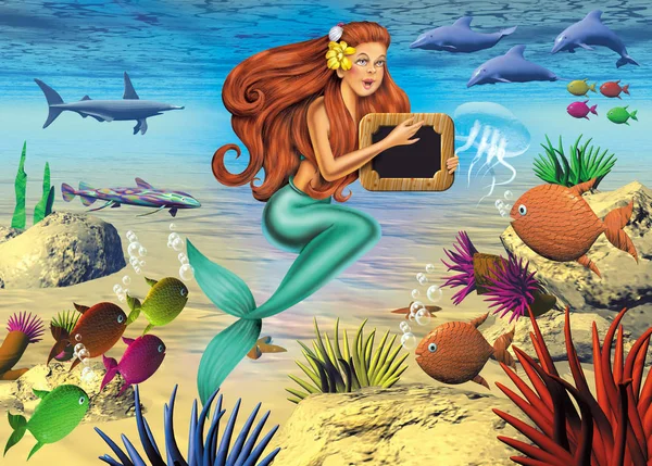young cartoon mermaid and tropical fish in aquarium