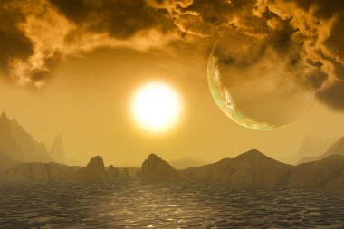 Yabancı Gezegen manzarası, Ay 'lı gezegen sistemi, dağlar, deniz ve bulutlar, 3D illüstrasyon