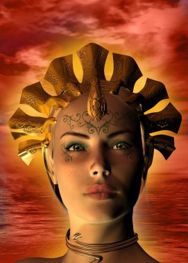 Fantezi kraliçesinin kafası, Altın Taç, Kızıl Bulutlu Gökyüzü, Dalgalı Deniz, 3 boyutlu illüstrasyon