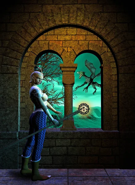 Amazon Warrior in the Castel, near a Window, in the background a landscape with free and a flying dragon, 3d illustration,