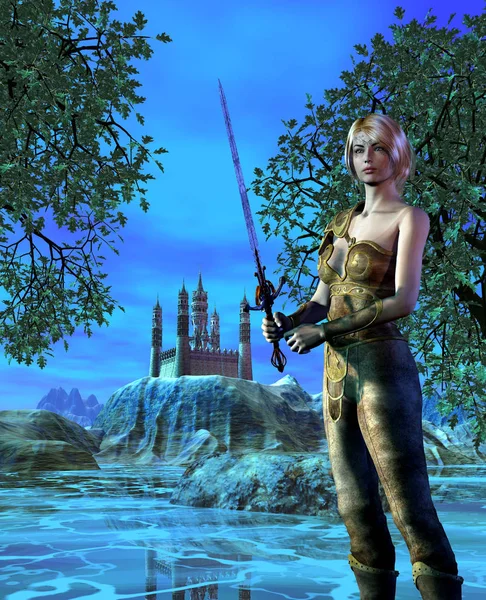 fantasy landscape with Warrior woman, armed with sword, Island with Castle near a lake and Trees, 3d illustration