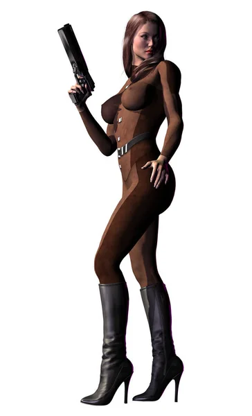 性感女孩 身穿未来派武器和服装 高跟鞋 3D插图 — 图库照片