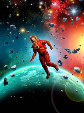 Uzayda astronot, nebula, yıldızlar ve gezegenler arka planda, 3d illüstrasyon