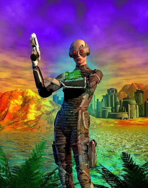 Futuristischer Krieger Auf Außerirdischem Planeten Stadt Der Nähe Von Bergen — Stockfoto