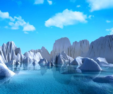 Antarktika 'daki buzdağı, buzla, dağlarla, adalarla ve denizle, bulutlarla kaplı gökyüzü,