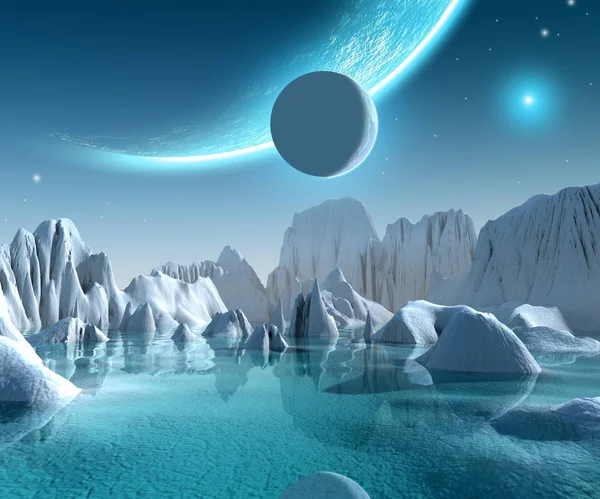 Uzaylı gezegen sistemi, dağlı buz ve deniz manzarası, gökyüzündeki büyük ay ve yıldızlar, 3D illüstrasyon