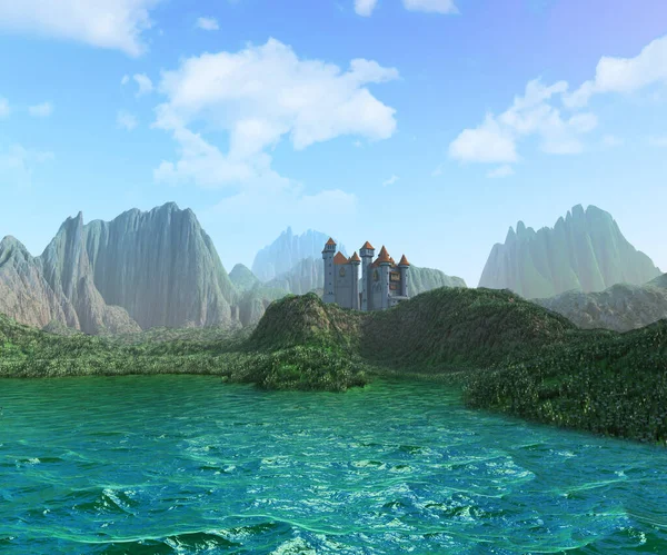 Grande Castelo Medieval Paisagem Fantasia Lago Com Montanhas Nuvens — Fotografia de Stock