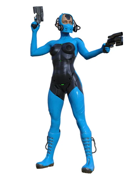 Cyborg Warrior Abito Blu Donna Armata Pistole Rendering — Foto Stock