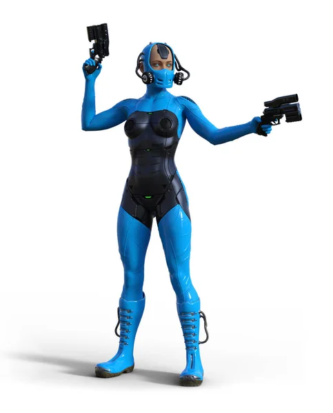 Cyborg Warrior Donna Armato Pistole Vestito Blu Rendering — Foto Stock