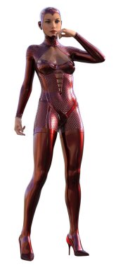 Kırmızı metalik takım elbiseli Cyborg kız, 3 boyutlu resim.