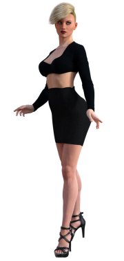 Sarı saçlı, siyah elbiseli, yüksek topuklu ayakkabılı zarif bir bayan.