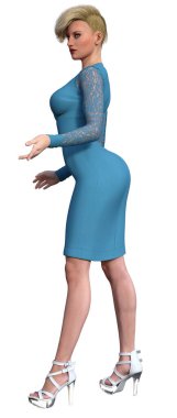 Mavi elbiseli zarif bir kadın, yüksek topuklu sandaletler, 3D çizimler.