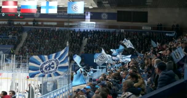 Many flag people rejoice in victory of favorite team in hockey at stadium arena. — Stock Video