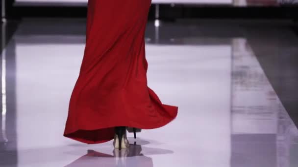 Hot brunette red dress sing song mic elegant move podium. Woman with microphone. — Stock Video © sibrapid #349104478